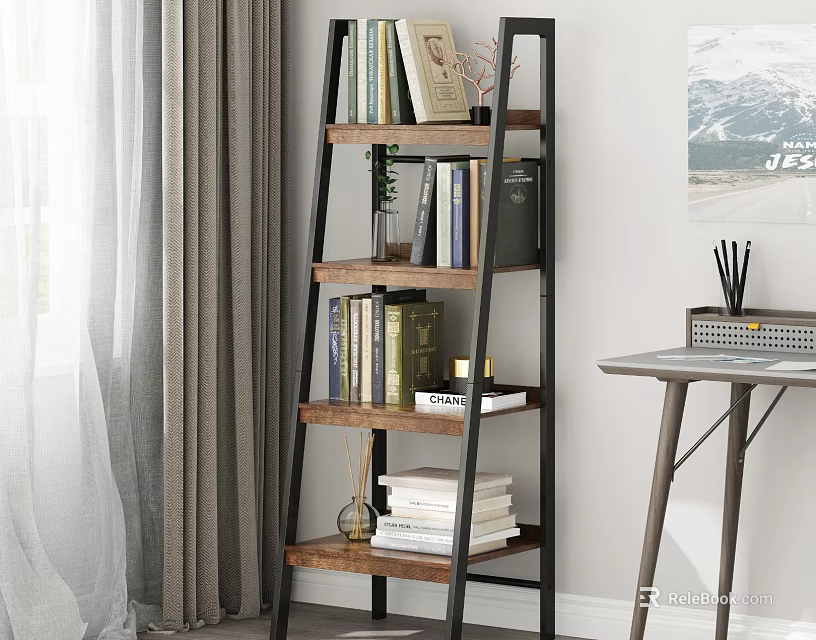 Modern Ladder Design Bookcase With Metal Frame Wooden Shelves And Decorative Books 3d model 