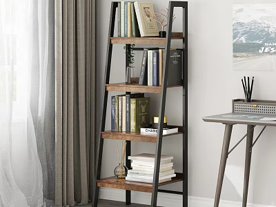 Modern Ladder Design Bookcase With Metal Frame Wooden Shelves And Decorative Books 3d model