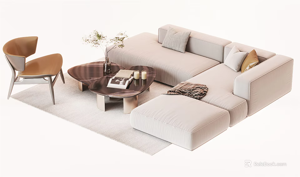 Light Beige L Shaped Sofa And Round Wooden Coffee Table Set With Cushions Flowers And Books 3d model 