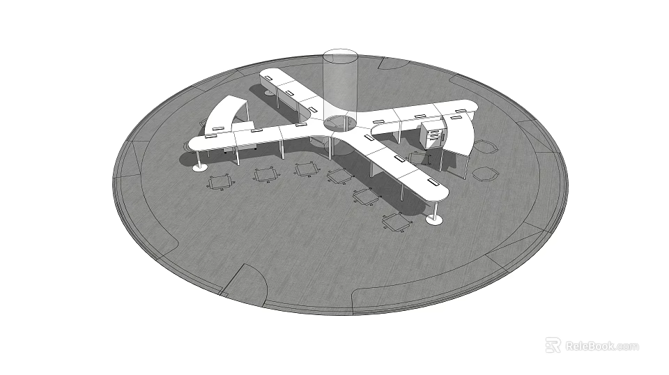 Modern Office Desk Arrangement With Circular Layout Central Column And Chairs Around 3d model 