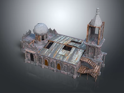 European Style Architecture With Dome Tower Broken Roof Stone Walls And Wooden Staircase 3d model