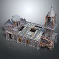 European Style Architecture With Dome Tower Broken Roof Stone Walls And Wooden Staircase