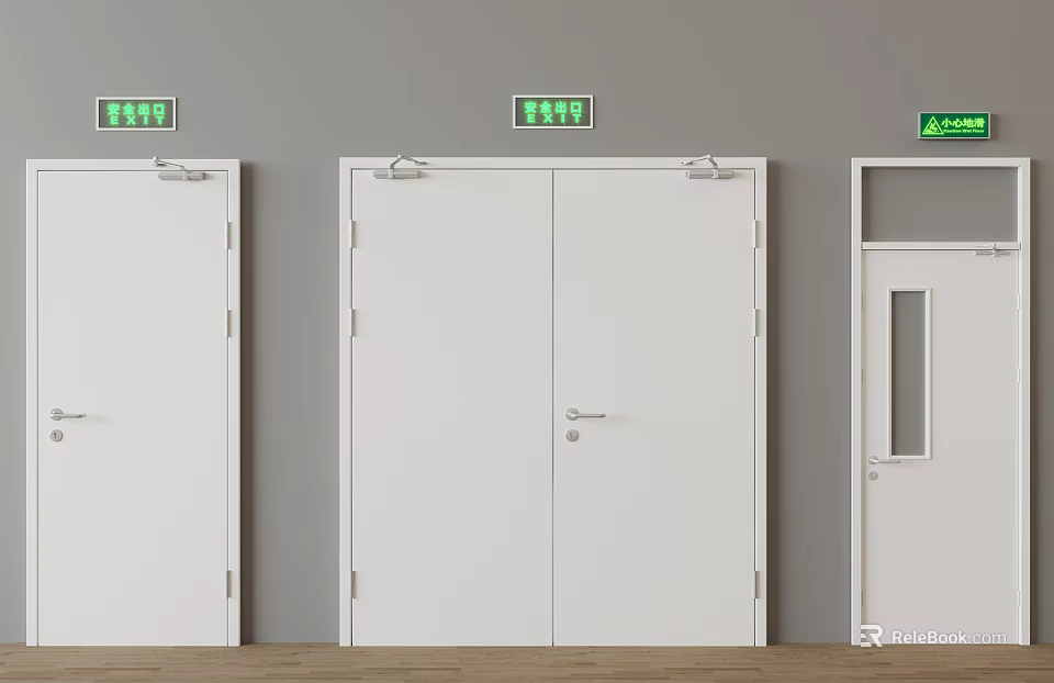 White Emergency Exit Doors With Green Access Signs In Building Corridor 3d model 