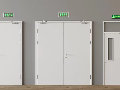 White Emergency Exit Doors With Green Access Signs In Building Corridor 3d model