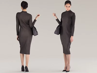 Elegant Woman In Striped Dress Holding Handbag With High Heels Two Angles View 3d model