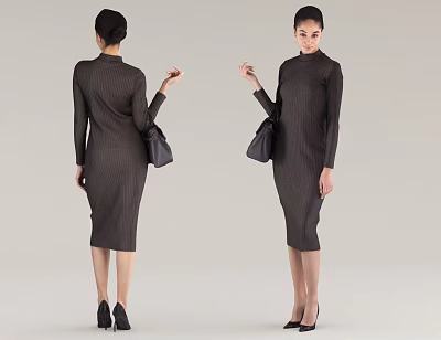 Elegant Woman In Striped Dress Holding Handbag With High Heels Two Angles View 3d model