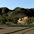 Scenic Garden Landscape With Two Large Water Wheels River Mountains Houses And Trees Along Shore