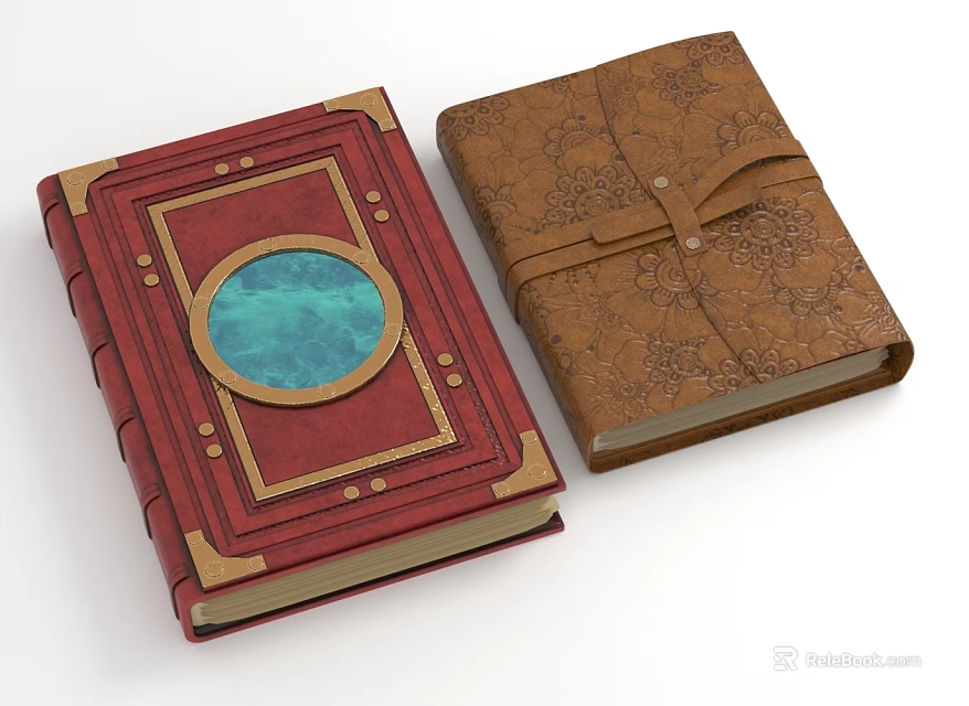 Vintage Notebooks With Red Cover Gold Trim Blue Circular Decor And Brown Patterned Leather Strap 3d model 