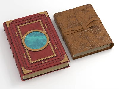 Vintage Notebooks With Red Cover Gold Trim Blue Circular Decor And Brown Patterned Leather Strap 3d model