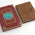 Vintage Notebooks With Red Cover Gold Trim Blue Circular Decor And Brown Patterned Leather Strap