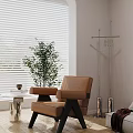 Beige Leather Single Sofa With White Blinds Green Plant Small Table and Coat Rack