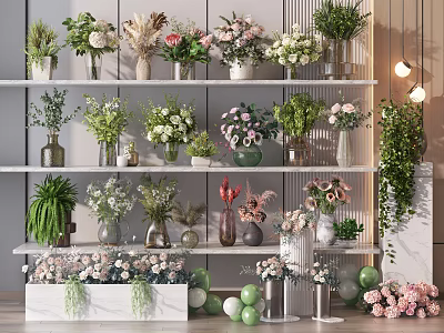 Beautiful Vases and Flowers Displayed on Multiple Shelves With Various Green Plants and Pink Blooms 3d model