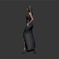 Elegant Woman in Deep Blue Gown with High Slit and High Heels on Gray Background