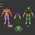 Robotic Characters With Various Colors Designs Golden Red Cape Gray Blue Helmet And Small Device