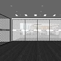 Public Office Space With Glass Partitions Herringbone Pattern Dark Carpet And Ceiling Light Strips