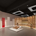 Modern Exhibition Hall Interior Design With Golden Display Wall White Platform And Red Decor