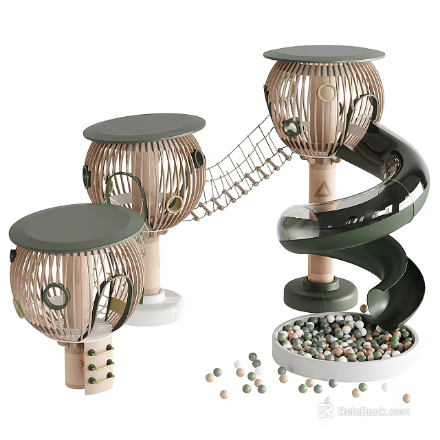 Kids Playground Equipment With Spiral Slide Climbing Net Wooden Cabins And Ball Pit 3d model 