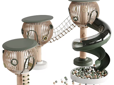 Kids Playground Equipment With Spiral Slide Climbing Net Wooden Cabins And Ball Pit 3d model