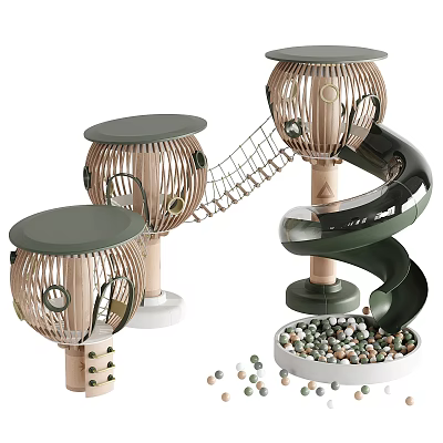 Kids Playground Equipment With Spiral Slide Climbing Net Wooden Cabins And Ball Pit 3d model