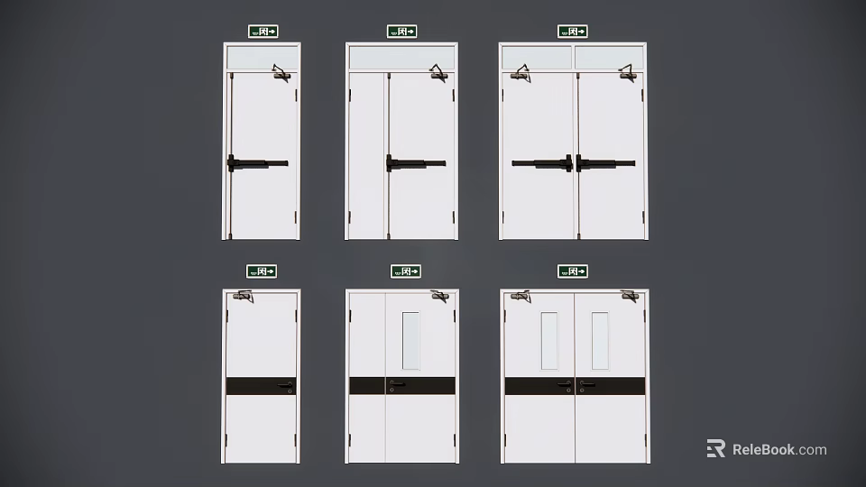 Various Exit Door Designs Including Single Double With Glass Panels And Exit Signs 3d model 