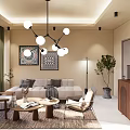 Elegant Hotel Guest Room With Modern Chandelier Sofa Coffee Table And Decorative Paintings