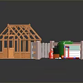 Charming Toy Landscape With Orange House Fence Red Green Trash Cans Dog House And Ball