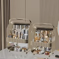 Stylish Beige Storage Organizer For Perfumes And Cosmetics With Layered Compartments On Dressing Table