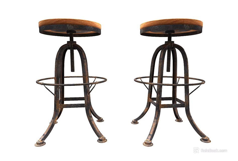 Vintage Industrial Bar Stools With Metal Frame And Brown Round Seats 3d model 