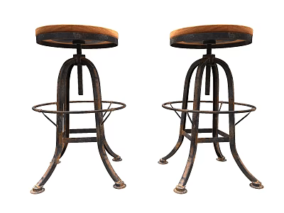 Vintage Industrial Bar Stools With Metal Frame And Brown Round Seats 3d model