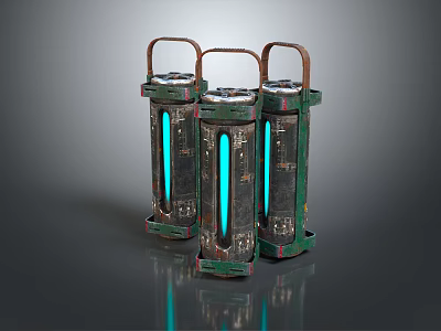 Three Vintage Green Metal Lanterns With Blue Glowing Tubes In Industrial Style 3d model