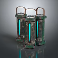 Three Vintage Green Metal Lanterns With Blue Glowing Tubes In Industrial Style