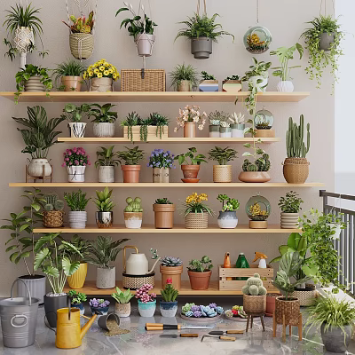 Bonsai and Potted Plants on Multi tiered Wooden Shelves with Colorful Flower Pots and Ornaments 3d model