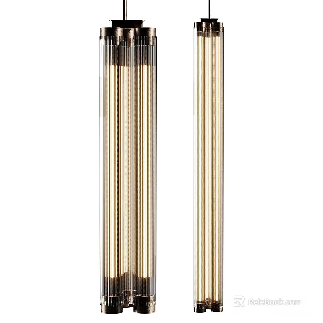 Modern Brass Chandelier Featuring Vertical Glass Tubes and Warm Lighting Design 3d model 