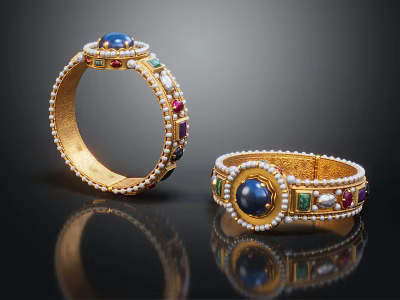 Elegant Gold Bracelets Adorned With Sapphire Emerald Ruby Gemstones And Pearls 3d model