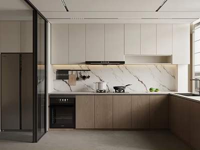 Sleek Modern Kitchen Interior With Marble Countertop Wooden Cabinetry And Built-in Appliances 3d model