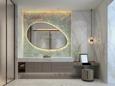 Modern Bathroom Interior With Marble Walls Oval Mirror Vanity Cabinets Lighting And Potted Plant 3d model