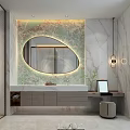 Modern Bathroom Interior With Marble Walls Oval Mirror Vanity Cabinets Lighting And Potted Plant