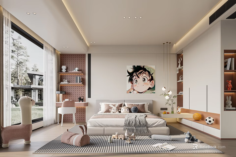 Bright Kids Room Interior With Bed Desk Bookshelves Chair Anime Poster And Toys 3d model 