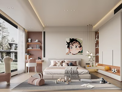 Bright Kids Room Interior With Bed Desk Bookshelves Chair Anime Poster And Toys 3d model