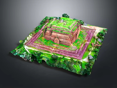 Scenic Landscape Featuring Ancient Square Stone Structure With Green Vegetation And Purple Circular Area 3d model