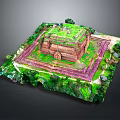 Scenic Landscape Featuring Ancient Square Stone Structure With Green Vegetation And Purple Circular Area