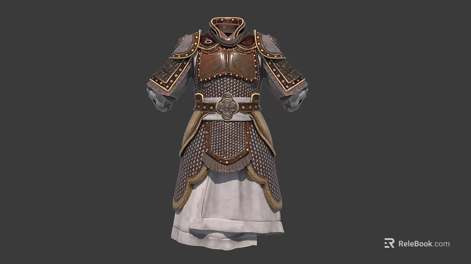 Detailed Ancient Decorative Metal Armor With Gold Accents And White Lining 3d model 