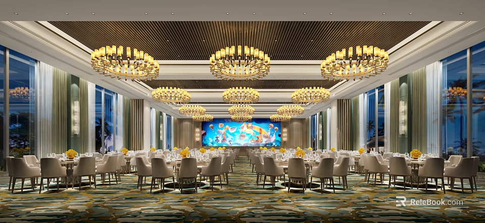 Luxurious Ballroom With Multiple Chandeliers Arranged Dining Tables Chairs And Large Screen 3d model 