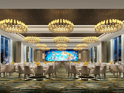 Luxurious Ballroom With Multiple Chandeliers Arranged Dining Tables Chairs And Large Screen 3d model