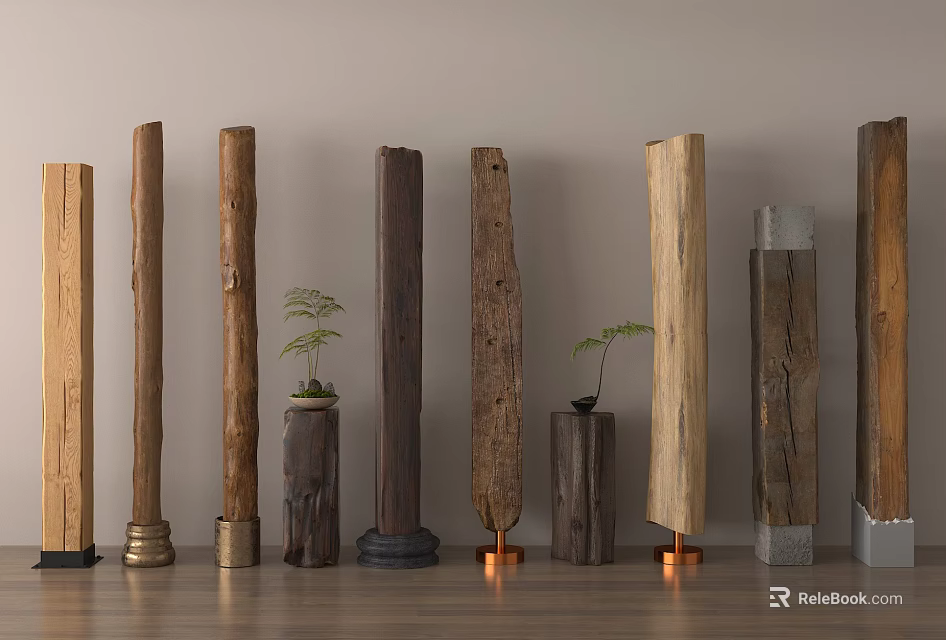 Decorative Wooden Pillars With Various Bases And Small Plants In Interior 3d model 