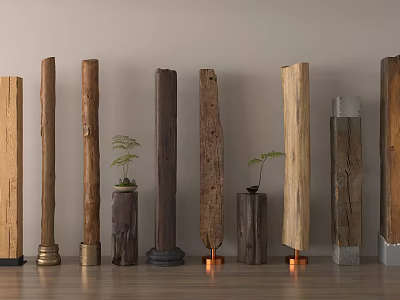 Decorative Wooden Pillars With Various Bases And Small Plants In Interior 3d model