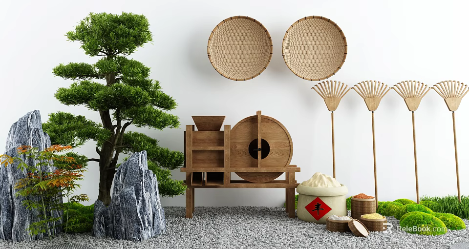 Traditional Garden Courtyard With Pine Tree Rockery Stone Wicker Baskets And Wooden Mill 3d model 