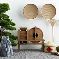 Traditional Garden Courtyard With Pine Tree Rockery Stone Wicker Baskets And Wooden Mill