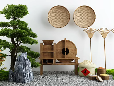 Traditional Garden Courtyard With Pine Tree Rockery Stone Wicker Baskets And Wooden Mill 3d model