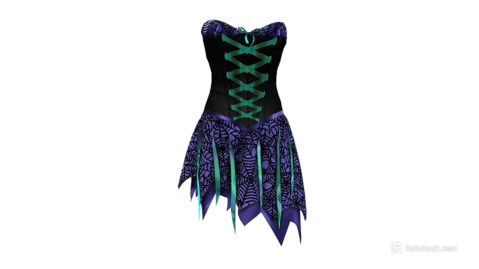 Black And Purple Corset Dress With Green Laces And Decorative Fringe Skirt 3d model 
